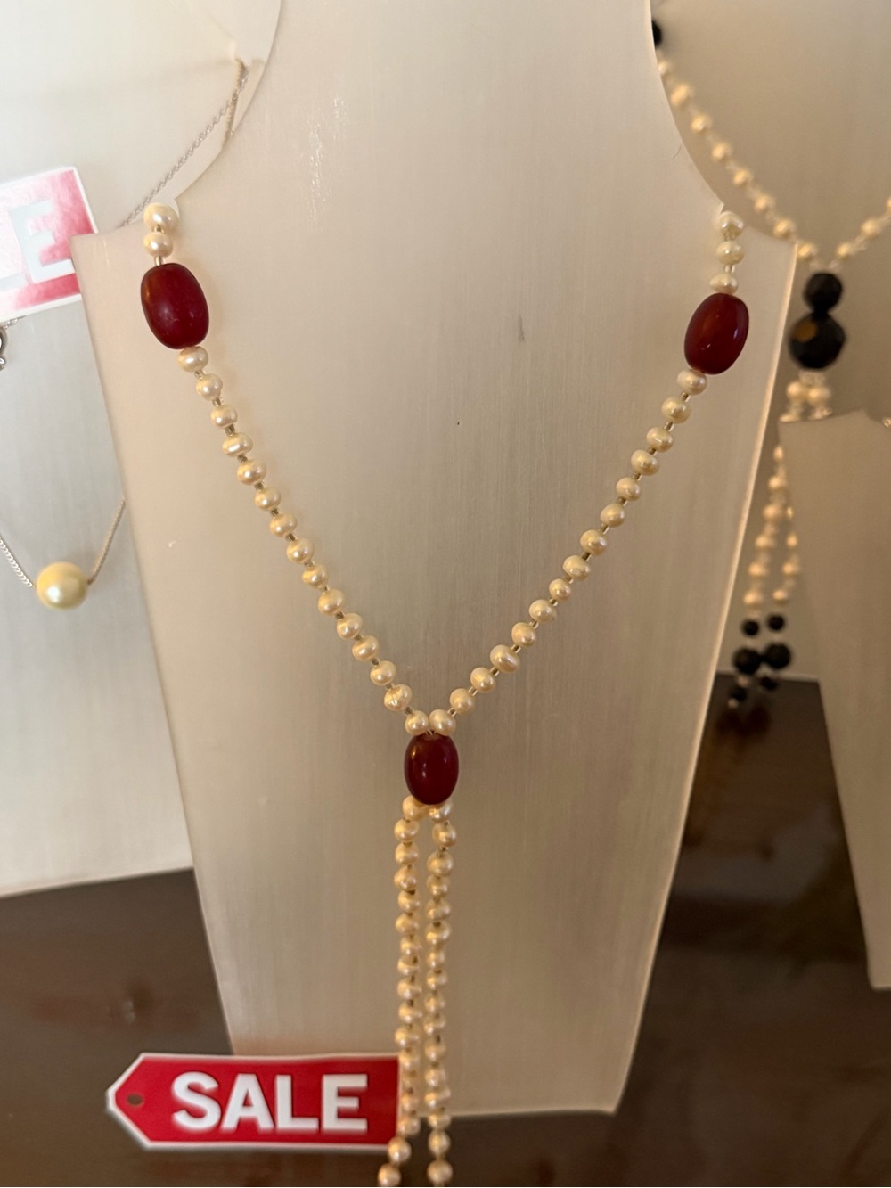 Pearl and Red Bead Drop Necklace
